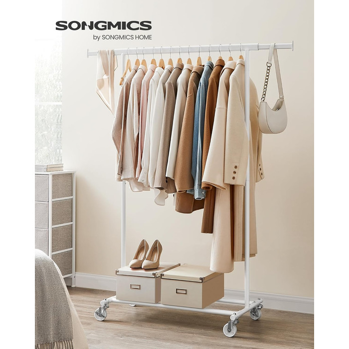 SONGMICS Вішалка для одягу на колесах, важкий, висувна штанга, до 100 кг, білий HSR013W01