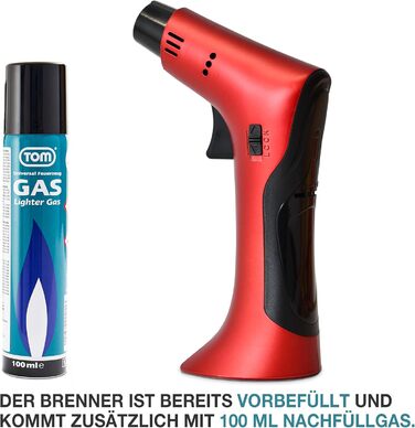 Набір газового пальника TOM Flambierbrenner Jetflame (Червоний) з балоном бутану, професійний кулінарний пальник з замком безпеки для кухні, кемпінгу та майстерні