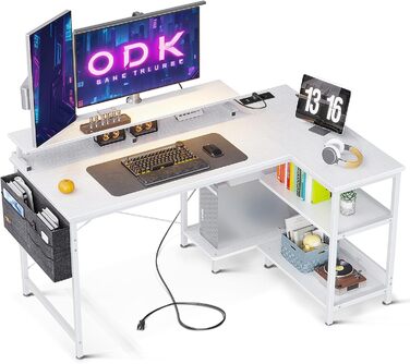 Ігровий стіл L-подібний ODK, 120x80 см з полицею, білий, з USB та розеткою