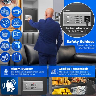 Електронний сейф KESSER® 35x25x25 см з батарейним відсіком, подвійним замком, світлодіодним освітленням, для дому та офісу, чорний