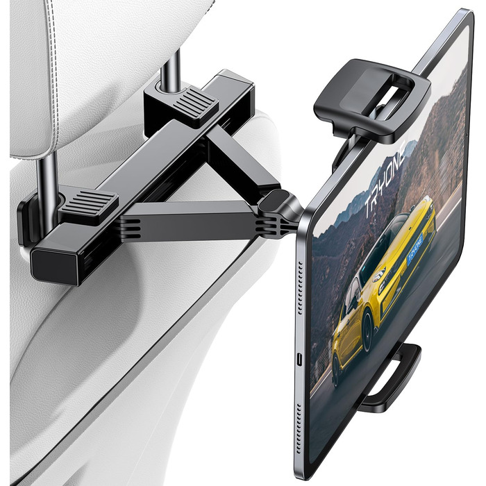 Тримач для планшета в авто Tryone - кріплення на підголівник, 360° обертання, сумісний з iPad, Smartphone, Switch, Tabs, 4.7-13 дюймів