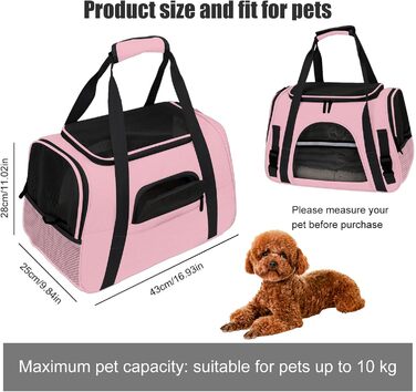 Транспортна сумка для тварин з підстилкою з флісу, рожева. Підходить для котів та собак до 10 кг.