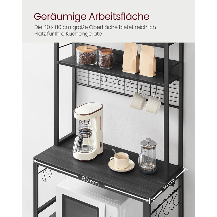 Стелаж кухонний VASAGLE з розетками, для мікрохвильової печі, з решіткою, 14 гачків, 40 x 80 x 170 см, антрацит-чорний