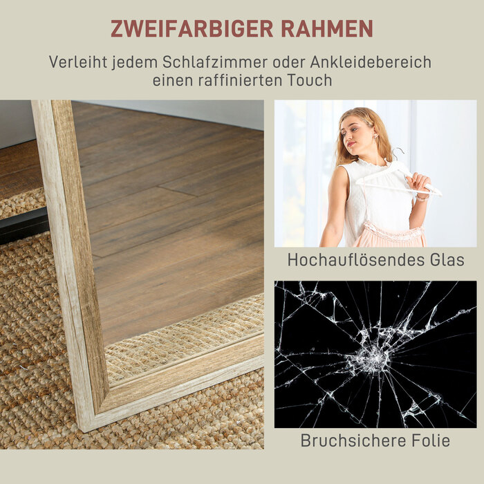 HOMCOM Full Length Mirror, 162.6 x 53.5 cm Standing Mirror with Stand, Wall Mirror for Living Room, Bedroom, Dressing Room White + Natural Wood | Aosom