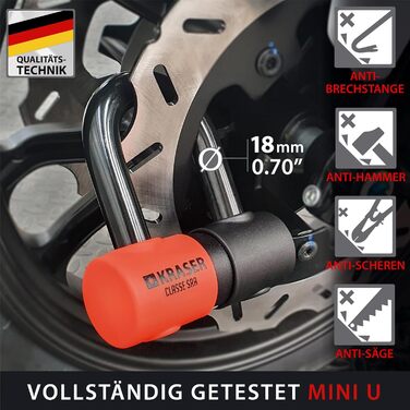 Замок-ланцюг KRASER KR50120L для мотоцикла, дисковий захист від крадіжки, U-образний замок Ø18 мм + ланцюг 120 см Ø13,5 мм, система петлі, сертифікат SRA, для мотоциклів та скутерів