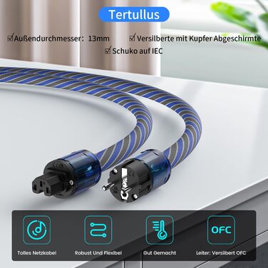 Hi-Fi мережевий кабель Tertullus High End C15 для аудіотехніки, Schuko — C15, 2м, синьо-сірий (P037)