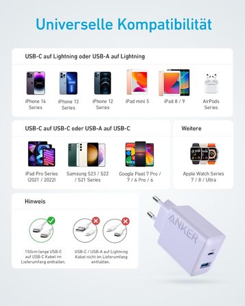 Зарядний пристрій Anker 20W USB-C, адаптер живлення для iPad, швидка зарядка, сумісний з iPhone 17/16/15 (з кабелем USB-C 150см), фіолетовий