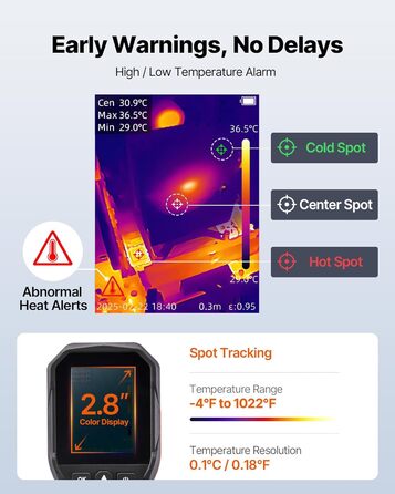 Тепловізор VEVOR з роздільною здатністю 320x240, термокамера з візуальною камерою 2MP, -20°C до 550°C, 4 режими та 6 колірних палітр
