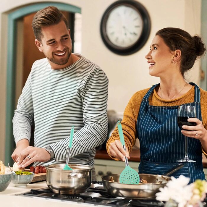 Набір кухонних помічників 45 предметів: силіконове кухонне приладдя, тримач, вінчик з нержавіючої сталі, половник, лопатка, придатне для миття в посудомийній машині, колір блакитний