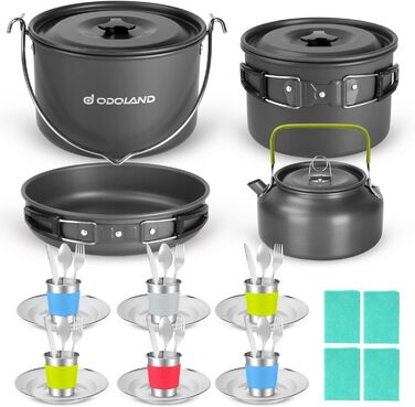 Odoland Camping Cookware Set - 6 Person Outdoor Cooking Set for Backpacking, Camping, and Picnics