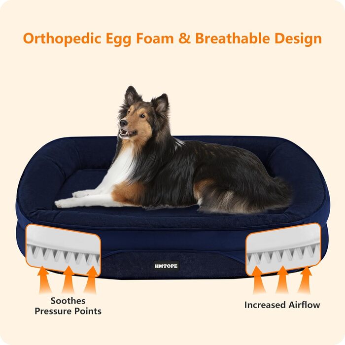 Ортопедичне ліжко для собак HMTOPE, собаче ліжко-софа з валиком для шиї, неслизьке дно, знімне та пральне, для маленьких та середніх собак, 90 x 71 x 15 см, темно-синій