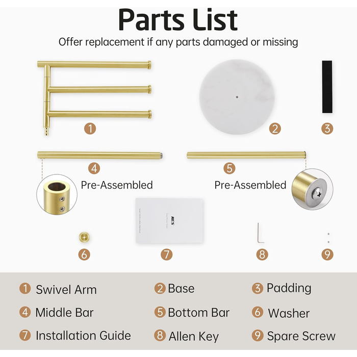 Підставка для рушників KES Gold, настільна, з нержавіючої сталі 18/8, з мамарморовою основою, 3-х ярусна, BTH219-BZ