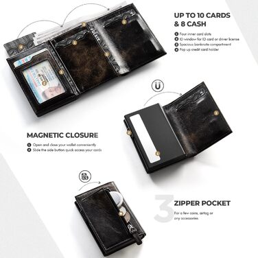 Портмоне для карток VULKIT RFID з захистом, з натуральної шкіри, з відділенням для грошей, віконцем для посвідчення та відділенням для монет, на магнітній застібці (Industrial Metallique Texture, Чорний)