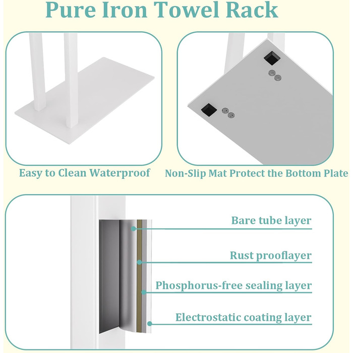 Підставка для рушників Yawinhe Freistehend, підставка для рушників стояча з нержавіючої сталі, 2 стійки, полиця для одягу у ванну кімнату, білий, 40x20x80 см, SMJ003W