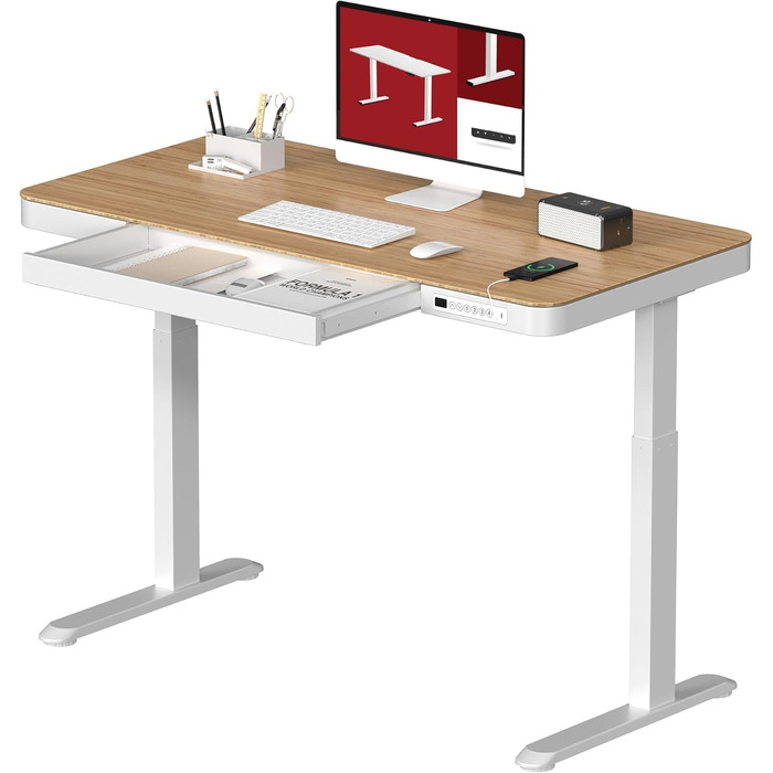 Електричний стіл Sanodesk з регулюванням висоти, ящик, сенсорне керування, USB-порти, 120 x 60 см, білий, 120 x 60 x (73.5-118) см