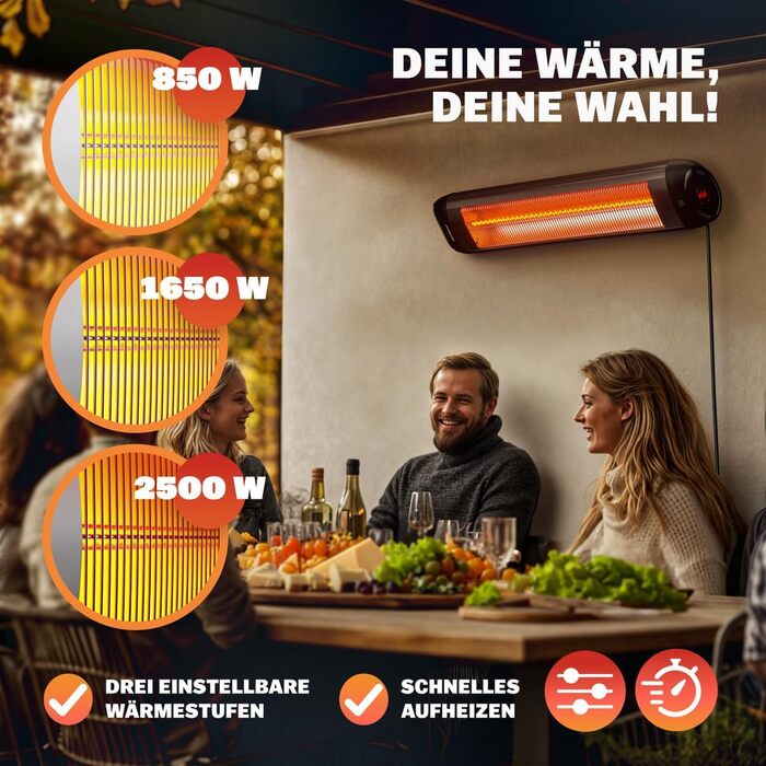 Інфрачервовий обігрівач MONZANA® MZH2501 з таймером, 2500W, 3 режими, 24 год, пульт ДУ, кут нахилу 90°, електричний, для тераси, чорний