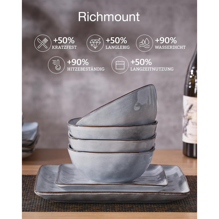 Набір посуду Richmount Steingut Ocean 18 предметів (6 осіб), сірий. Квадратний сервіз з реактивною глазур'ю, стійкий до подряпин.