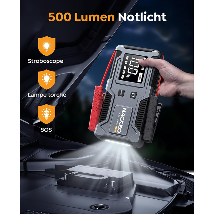 Powerbank Starthilfe 6000A: Зарядний пристрій для автомобіля 12V з кабелем, LED-лампа та дисплеєм (до 9L бензин, 7L дизель) - для SUV, мотоциклів, газонокосарок