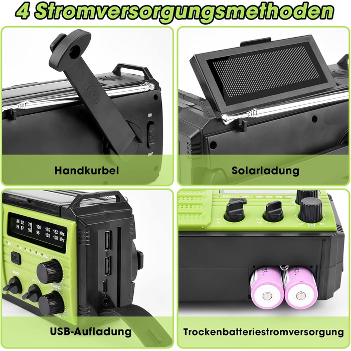 Сонячне радіо Kurbelradio 8000mAh з ручним генератором, AM/FM, LED ліхтарик, SOS, компас, IPX3, для кемпінгу та відпочинку на природі (зелене)