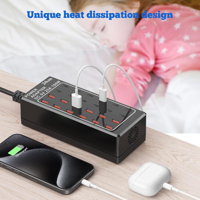 Зарядний пристрій USB-C на 24 порти 100W/20A, настільна USB-станція для iPhone, Samsung, Google, планшетів та ін.