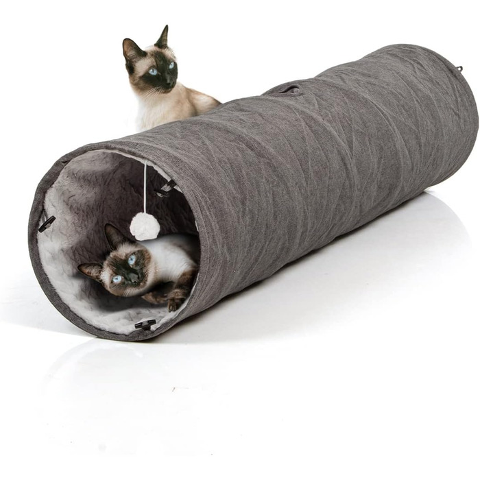 CanadianCat Company | XXL Cat Tunnel with Plush Fabric | gray | approx. 35 x 150 cm - Variable Shape, integrated cat toy