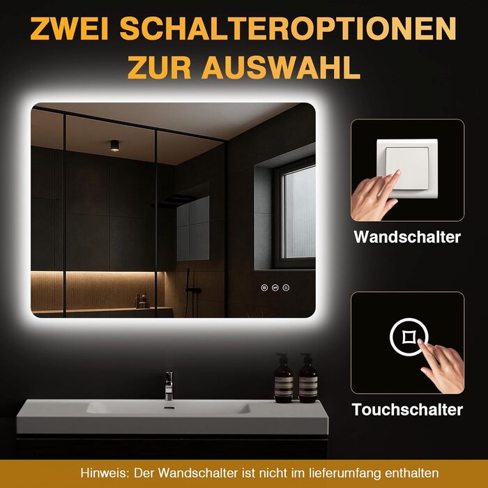 Дзеркало для ванної кімнати з підсвічуванням 50 x 70 см, LED дзеркало для ванної, антизапарник, 3 кольори світла, регулювання яскравості, прямокутна форма, сенсорна кнопка, функція пам'яті, горизонтальний/вертикальний монтаж