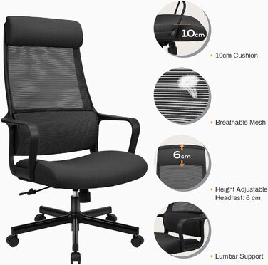 Ергономічне крісло для офісу з регульованою підголівником, крісло для робочого столу з широким сидінням, підтримкою попереку, офісне крісло 200 кг, сітчасте крісло, крісло для дому та офісу, комп'ютерне крісло EN 1335 (Чорний)