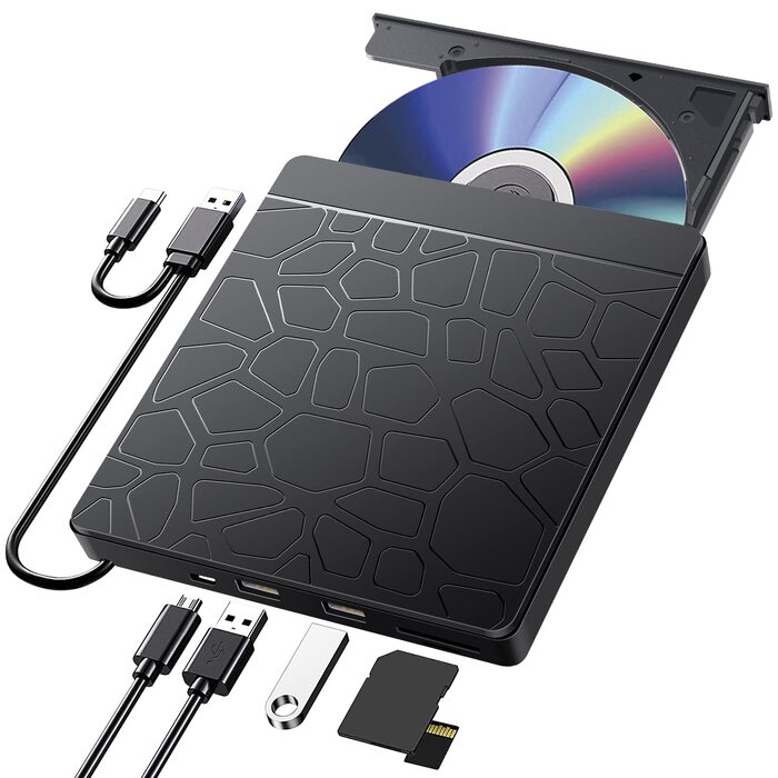 Зовнішній CD/DVD-привід Labtec для ноутбука Windows 11/10, USB 3.0 та Type-C, з картридером SD/TF та USB-хабом, портативний DVD-брунер