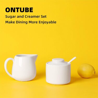 Porcelain sugar bowl and cream pitcher set, 3 pieces, spoon, sugar bowl with lid, cream-colored (white)