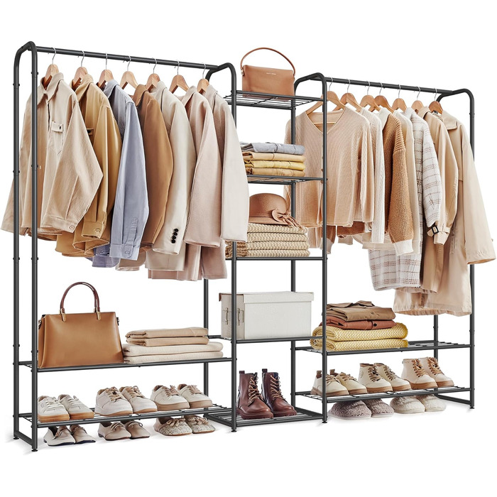 SONGMICS Clothes Rack, Open Wardrobe, Clothes Rail, Coat Rack with Shelves, Metal Wardrobe, Freestanding, Matte Black LGR462B01 (183B cm)