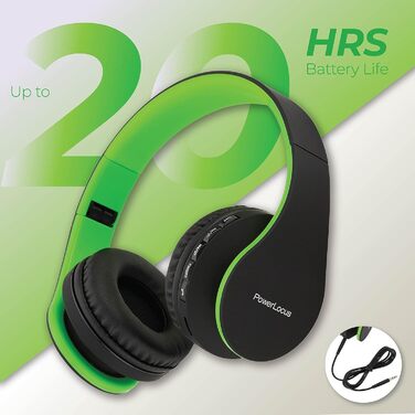 PowerLocus Bluetooth навушники Over-Ear, бездротові, Hi-Fi Stereo, складні, з мікрофоном, з м'якими амбушюрами, Micro SD/TF, FM радіо для iPhone/Android/Tablet/Laptop (Чорний/Зелений)