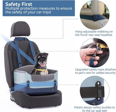 Автокрісло для собак, автокрісло для маленьких собак з ременями, підвищення для собак, складне, блакитне