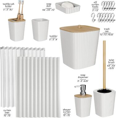 Набір аксесуарів для ванної кімнати Clara Clark 20 предметів, білий: штора для душу, туалетний йоржик, кошик для сміття, дозатор для мила