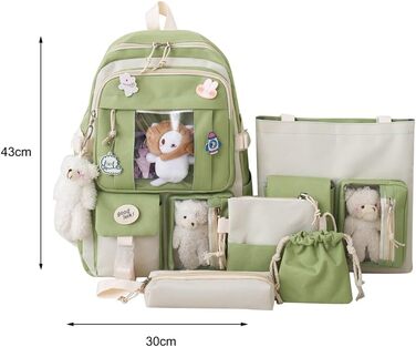 Японський рюкзак Kawaii з милим аксесуаром, набір 5 шт. Великий рюкзак Harajuku з брезенту, модний рюкзак для школи, коледжу, подорожей, з нашивкою (Зелений)