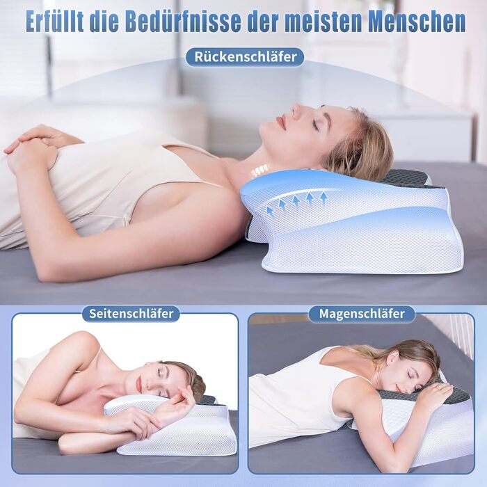 Ортопедична подушка для сну SAHEYER, ергономічна memory foam для бокового сну, підтримка шиї, 60x35,5x10/13 см, з чохлом