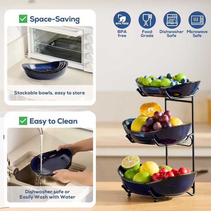 DUJUST Трирівнева етажерка для фруктів з кераміки, 3 яруси, сучасний дизайн, обпалена глазур, для кухні, зберігання фруктів, стабільна, придатна для миття в посудомийній машині
