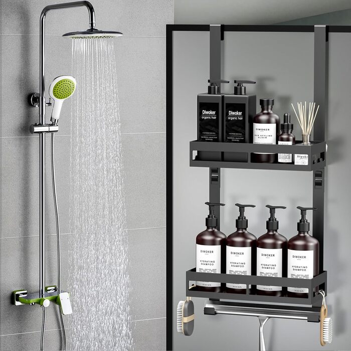 Настінна поличка для душу без свердління, органайзер для ванної кімнати з 2 кошиками, тримач для шампуню, чорний, 2 яруси