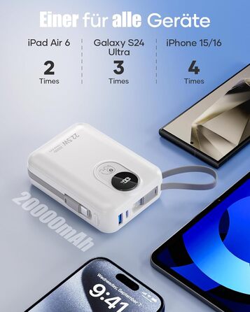 Power Bank 20000mAh з інтегрованим кабелем: Швидка зарядка 22.5W, USB C (вхід та вихід), акумулятор для мобільного телефону, Powerbank з 4 виходами та 2 входами, білий