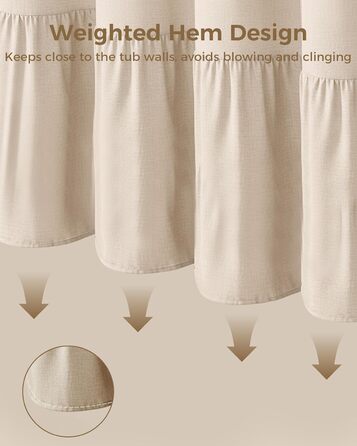 Штора для душу 180x180 см Бежева, Льняна текстура - Водонепроникна, з обтяженим краєм, 12 кілець, для ванної кімнати