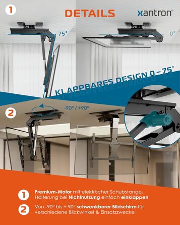 Xantron DEHA-600E Electric Tilt, Swivel & Fold-Down TV Ceiling Mount - 32-75 Inch - Voice Control Remote Included