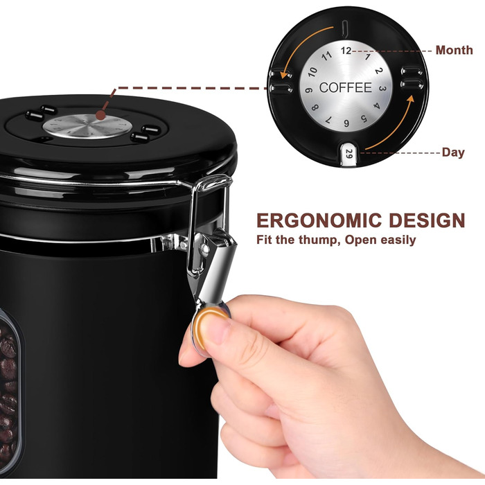 Кейс для кави ROCKY&CHAO 1.8L з нержавіючої сталі, герметичний, з вікном, для кавових зерен, чаю, горіхів, какао