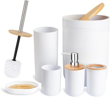 CERBIOR Набір аксесуарів для ванної кімнати з бамбука, 6 предметів: мильниця, тримач для зубних щіток, стакан для ополіскування, дозатор для лосьйону, флакон, сміттєвий контейнер, щітка для унітазу, білий