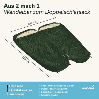 Спальний мішок Skandika Vegas XXL | Мультиспальник для дорослих, 3 сезони, до -12°C, 220x110 см, ковдраний/звичайна підкладка, для кемпінгу та подорожей