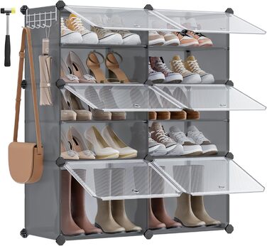 SONGMICS 10-Tier Shoe Rack, Shoe Cabinet, 30 x 40 x 30 cm per compartment, narrow, with doors, steel frame, plastic, for hallway, bedroom, entryway, LPC035B01 (6 compartments (83B x 94H cm), Slate Grey)