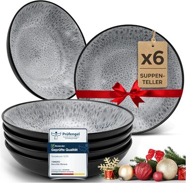 Набір посуду Twinzee Steingut 24 елементи для 6 осіб: тарілки та миски - серія Riviera (Perla, глибокі тарілки (x6))