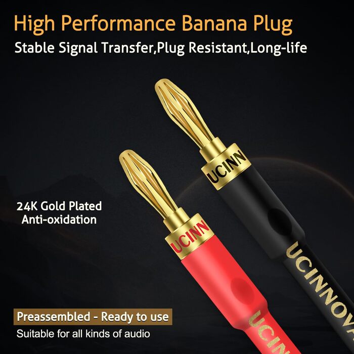 Акустичний кабель UCINNOVATE HiFi OFC 14AWG, 3м, позолочені роз'єми (банановий штекер — Y-подібний затискач), 2 шт.