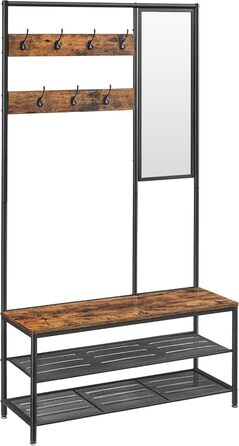 VASAGLE Clothes Rack, Coat Rack, Coat Stand with Hooks, Mirror, Bench, 35 x 98 x 180 cm, for Entryway, Bedroom, Living Room, Modern, Oak-White HSR415W09 (Rustic Brown + Black)