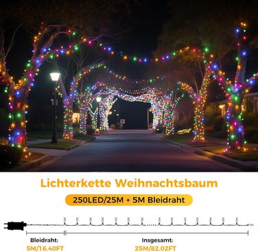 LED гірлянда на ялинку: 250 LED, тепле біле світло, 25 м, IP44, 8 режимів, таймер, для дому та саду