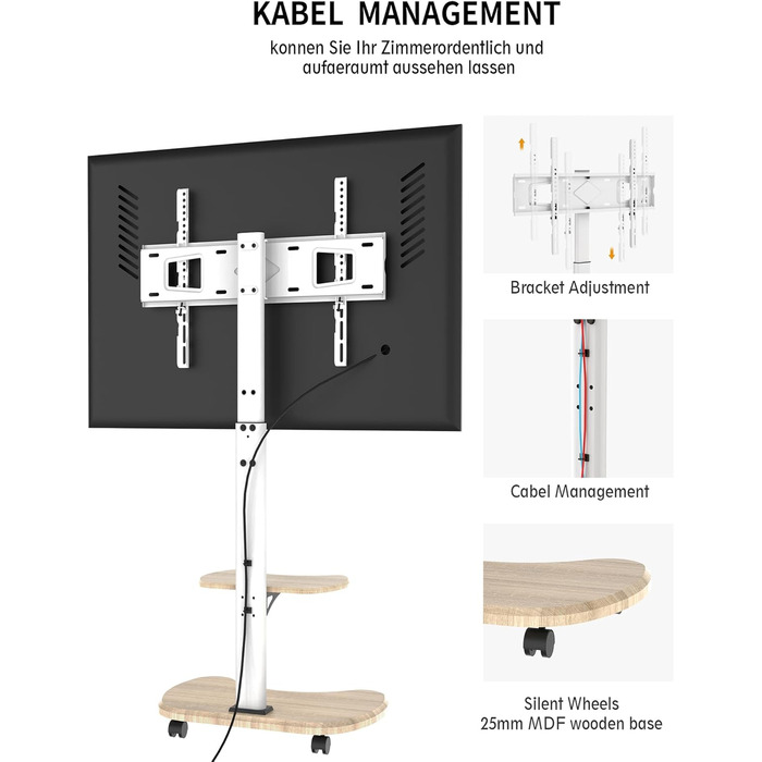 Підставка для телевізора Stellar на коліщатках з полицею, біла. Регульована висота, поворотна. Для телевізорів 32-70 дюймів, до 45 кг, VESA до 600x400
