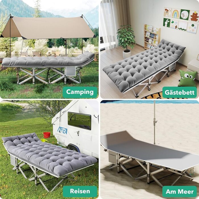 Розкладне ліжко Feldbett з матрацом, до 208 кг, сіре, XL 190x71x35 см - для кемпінгу, саду, пляжу, гостей